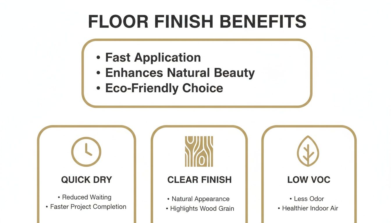 Infographic detailing floor finish benefits: quick dry, clear finish, and low VOC for natural beauty.