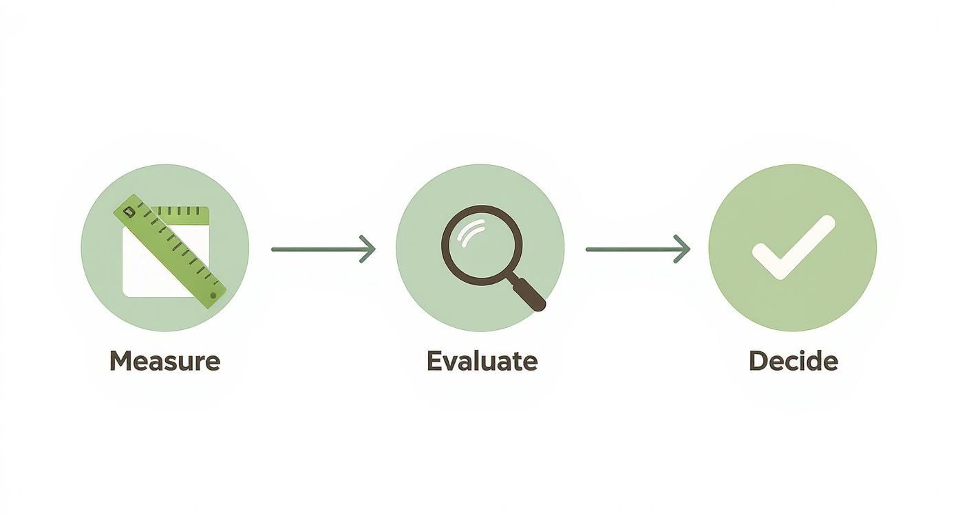 Infographic showing a 3-step assessment for engineered hardwood floors with icons for Measure, Evaluate, and Decide.