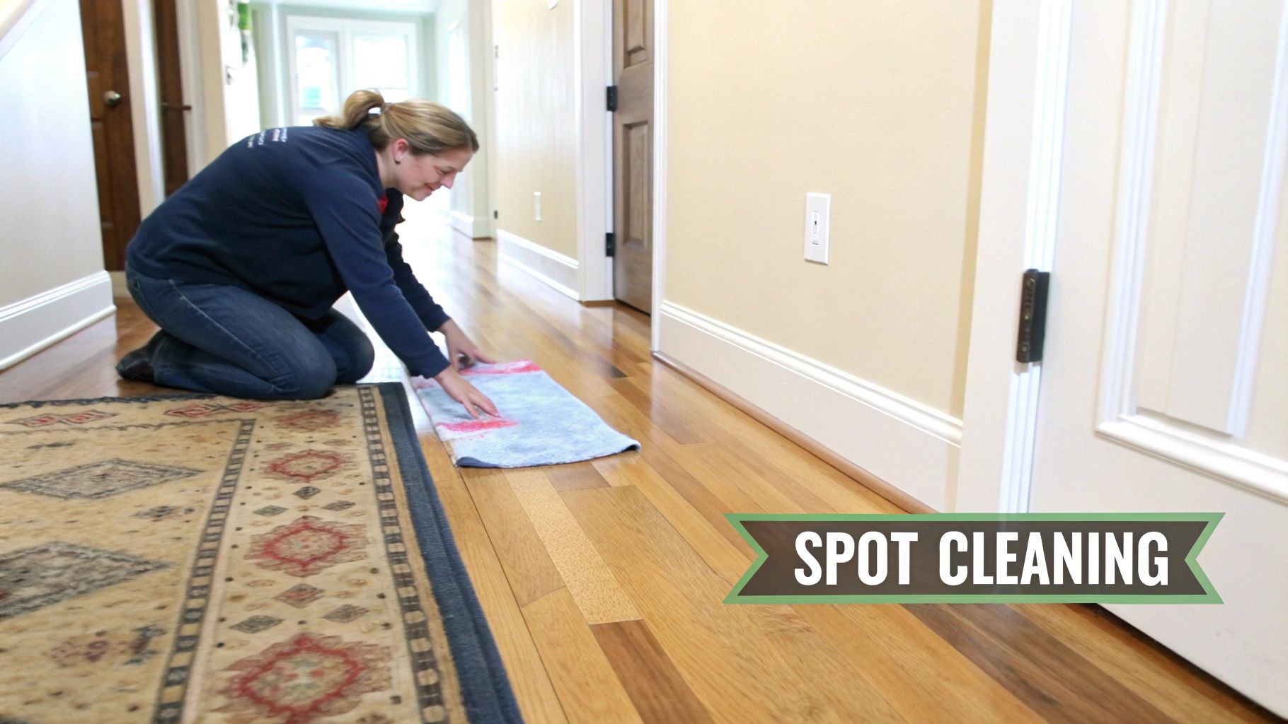 A woman kneels on a hardwood floor, wiping a spot with a cloth. A rug and 'SPOT CLEANING' text are also visible.