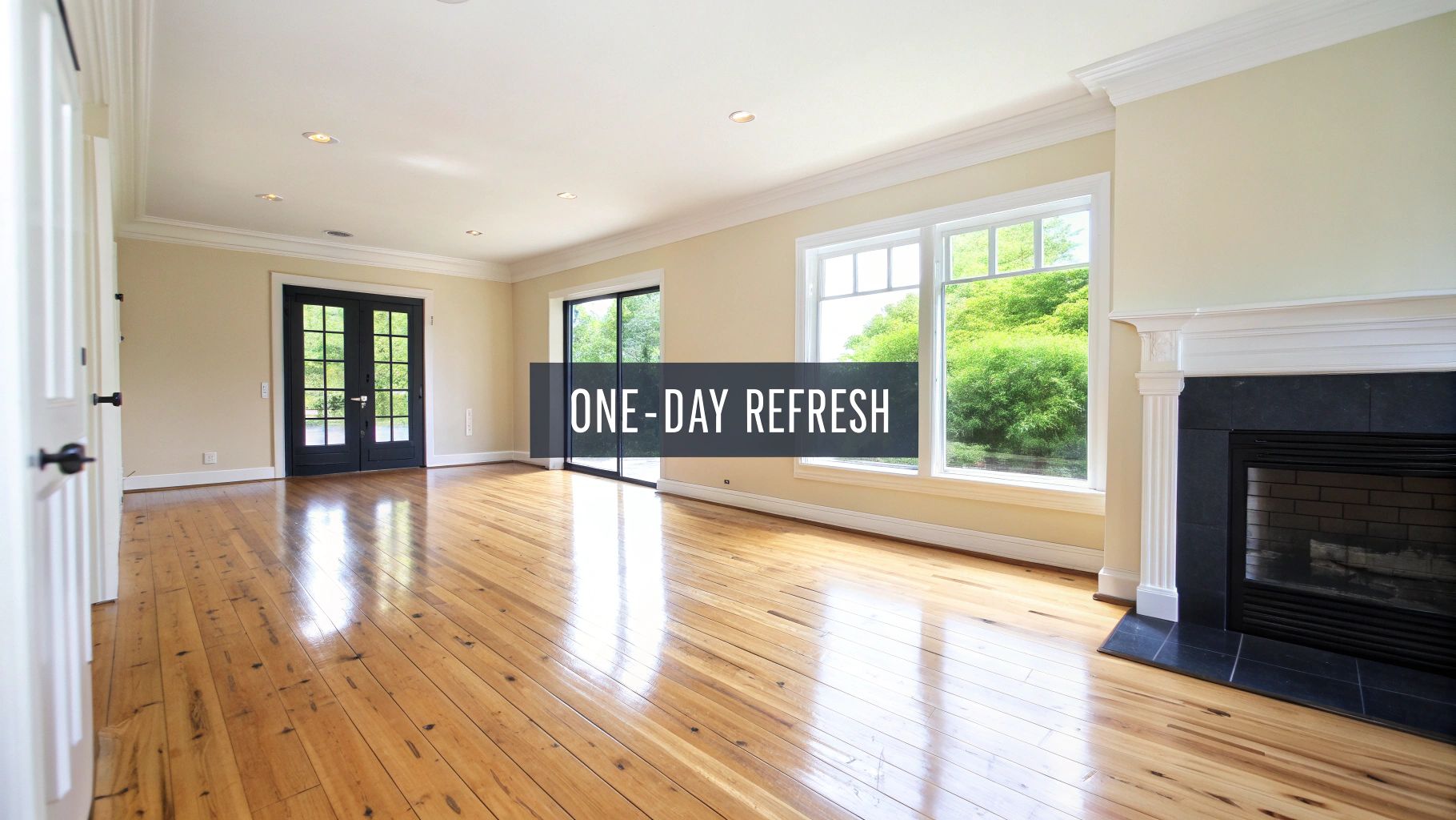 A beautifully recoated hardwood floor reflecting light.