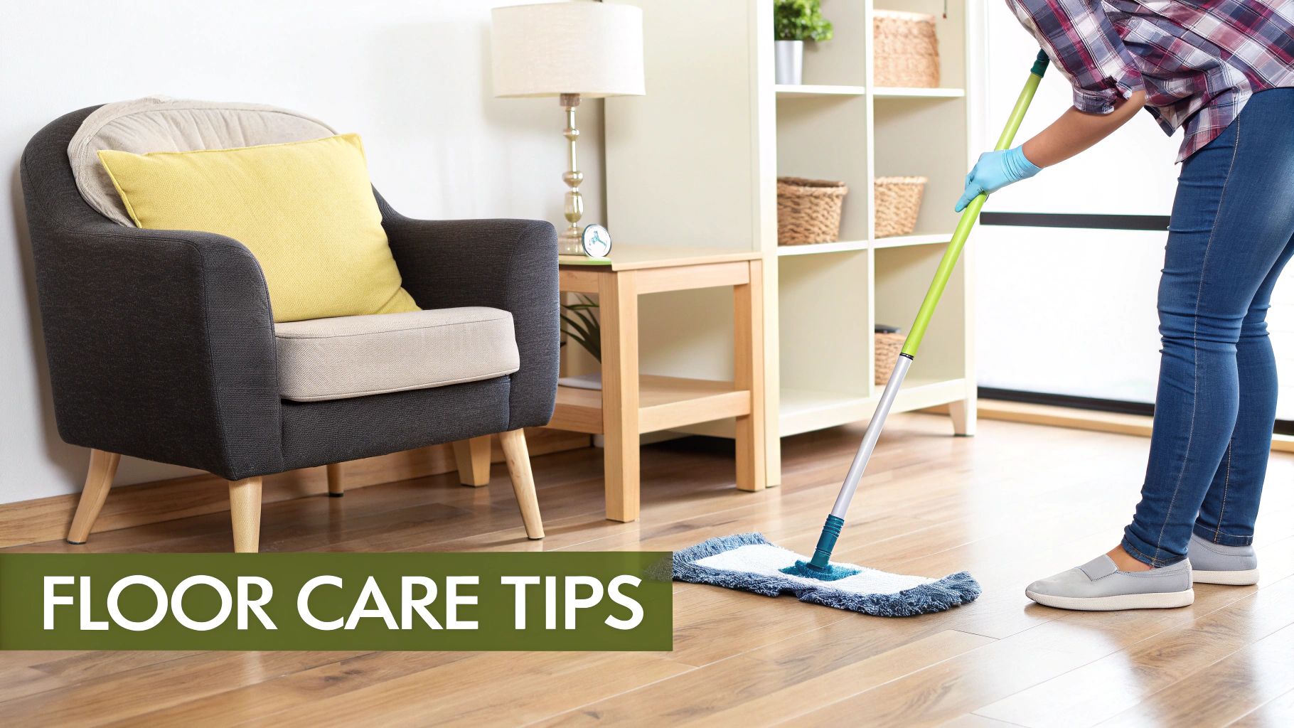 A person in blue jeans and gloves mops a wooden floor next to a cozy armchair, illustrating floor care tips.