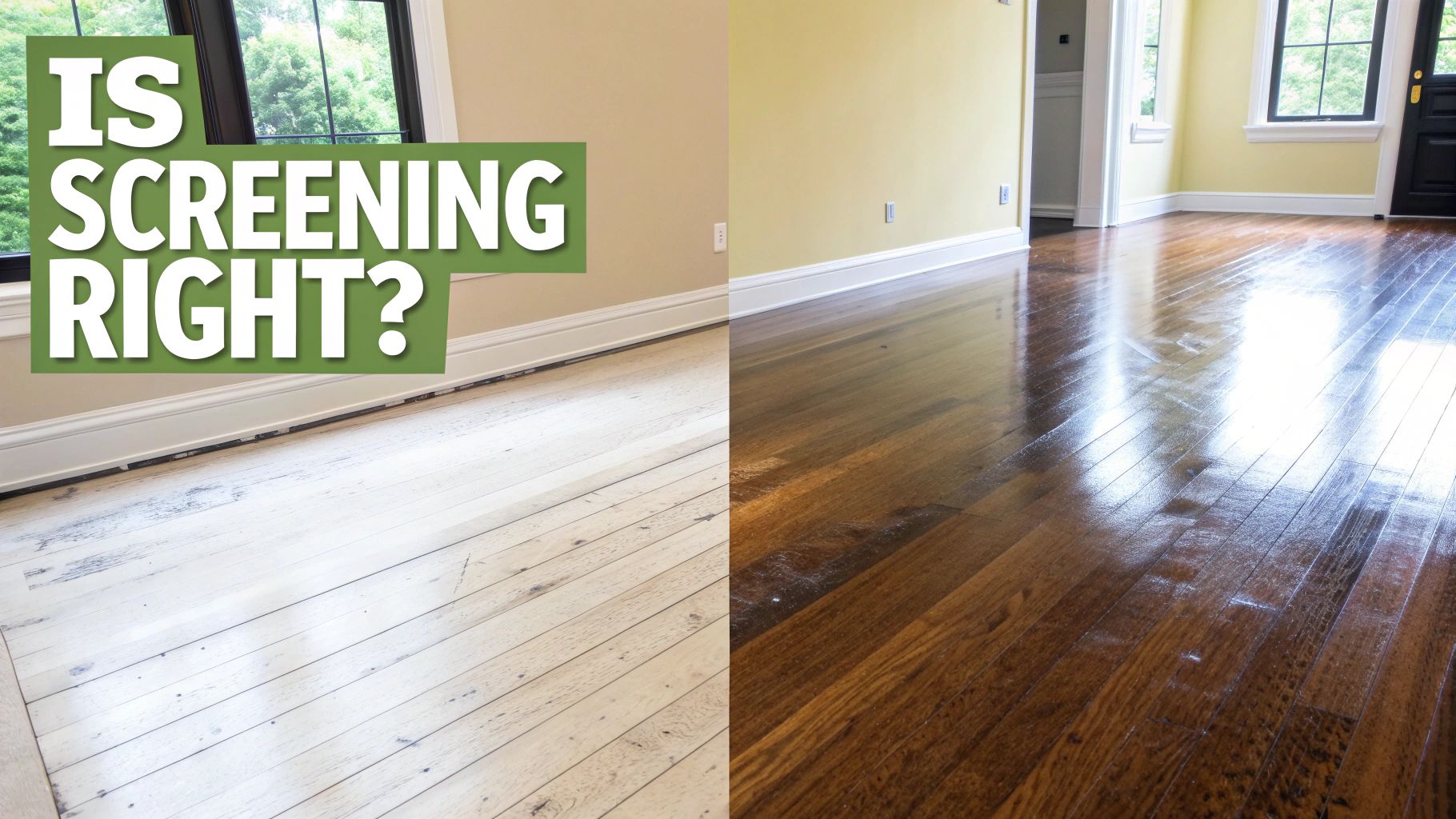A professional assessing the condition of a hardwood floor with light scratches.
