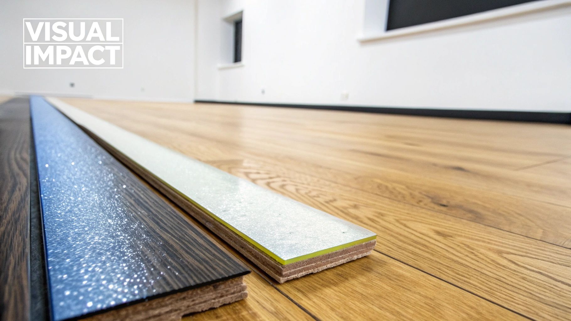 Three laminate flooring samples, one sparkling, laid on a wooden floor in a bright room.