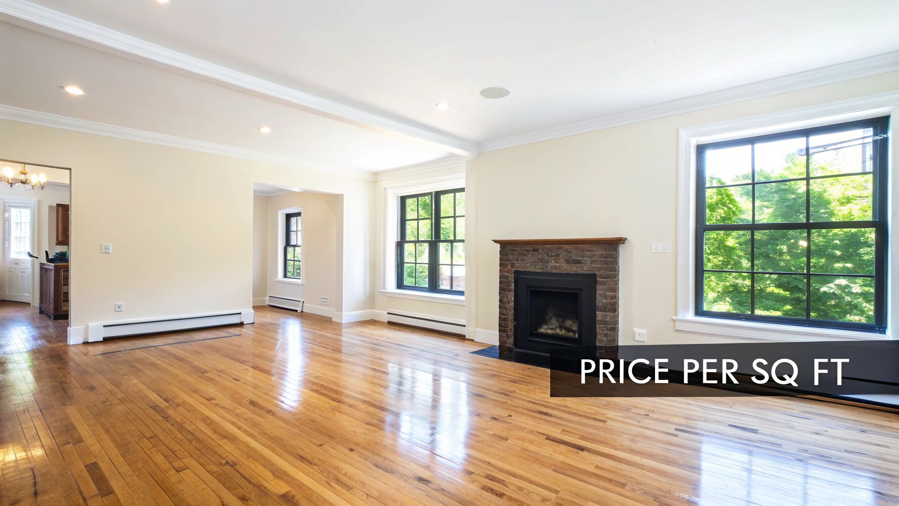A spacious living room featuring gleaming hardwood floors, white walls, a brick fireplace, and large windows.