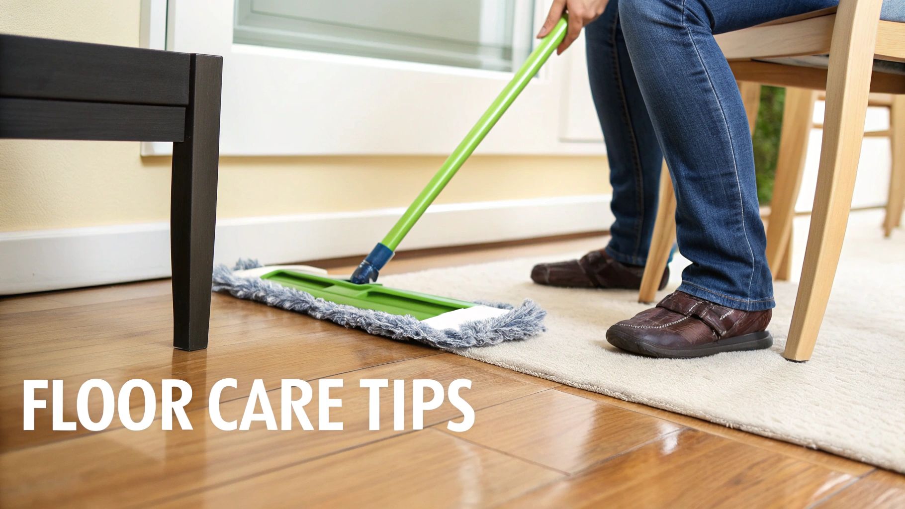 A person mops a shiny wooden floor with a green flat mop, emphasizing floor care.