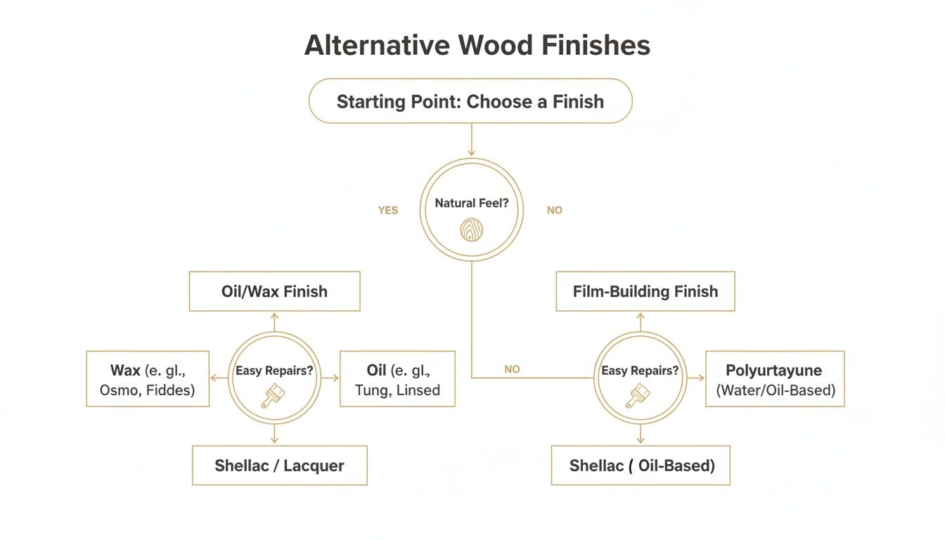 A flowchart presenting alternative wood finishes based on natural feel and repair ease, including wax, oil, shellac, lacquer, and polyurethane options.