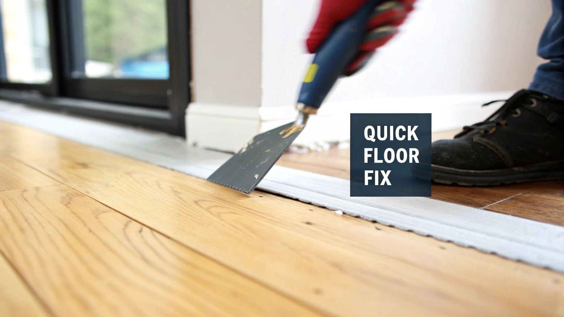A homeowner carefully applying wood filler into the gaps of a light-colored hardwood floor.