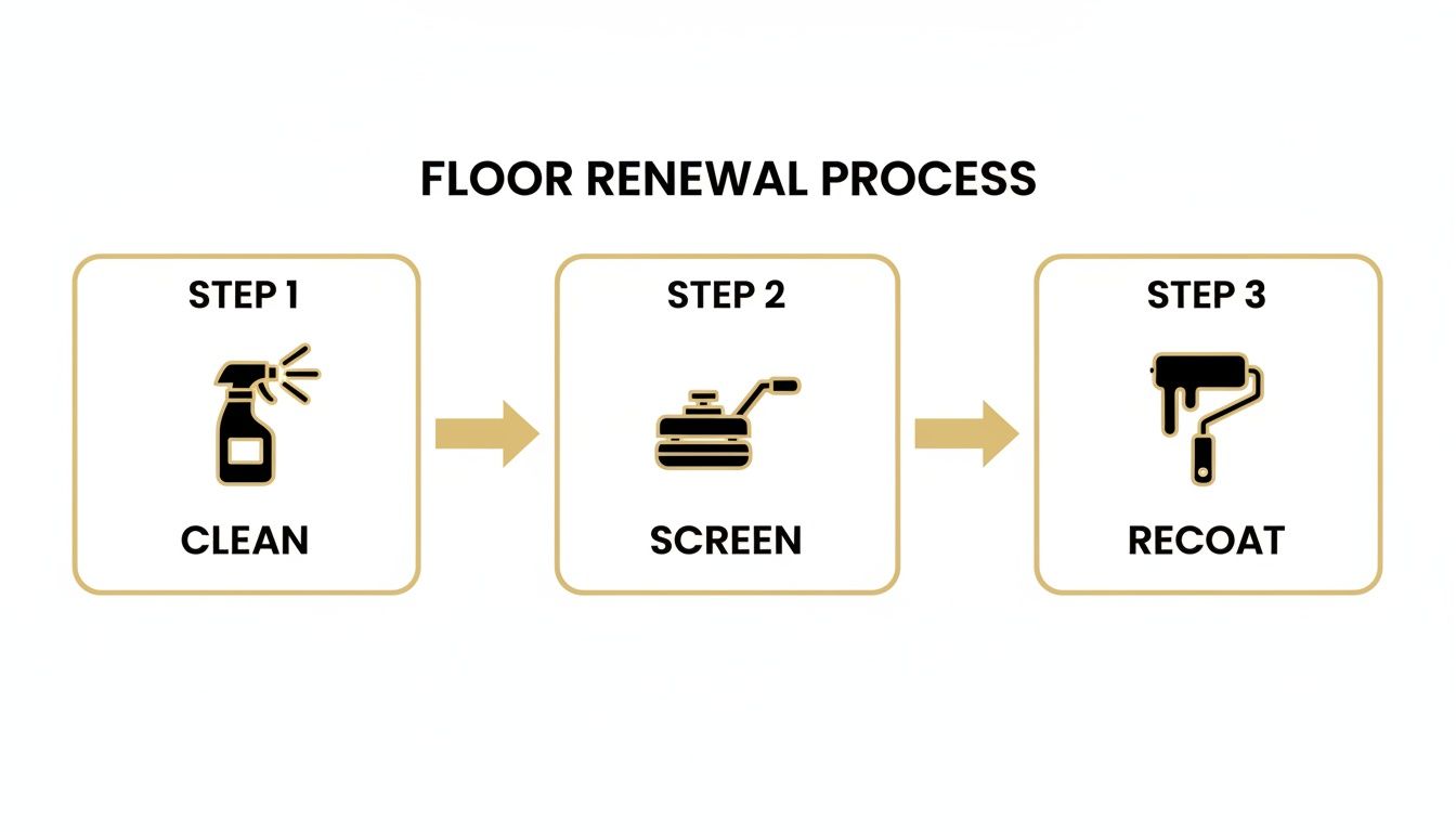Image illustrating the three-step floor renewal process: clean, screen, and recoat with icons.