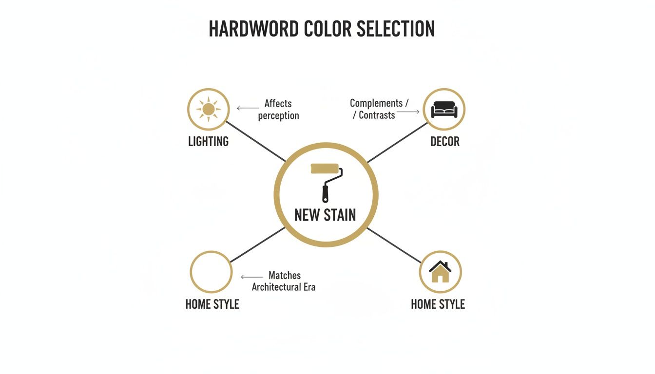 Infographic illustrating hardwood floor stain color selection based on lighting, home decor, and architectural style.