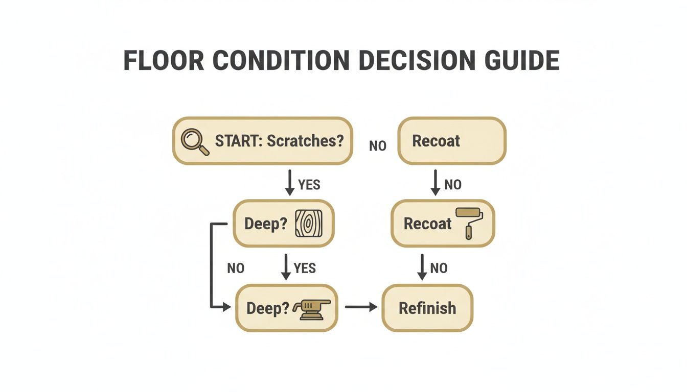 Decision guide flowchart for floor condition, showing when to recoat or refinish based on scratches.