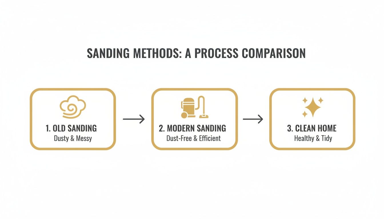 A process comparison chart showing old dusty sanding versus modern dust-free sanding leading to a clean home.