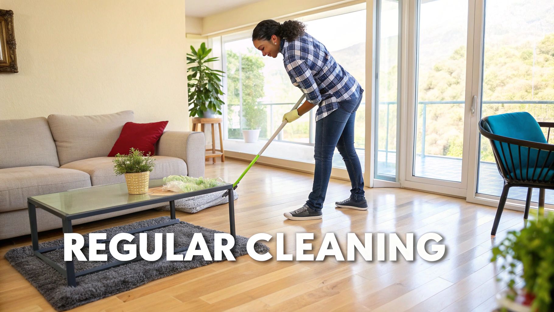A homeowner using a flat microfiber mop to clean a beautiful, light-colored wood floor.