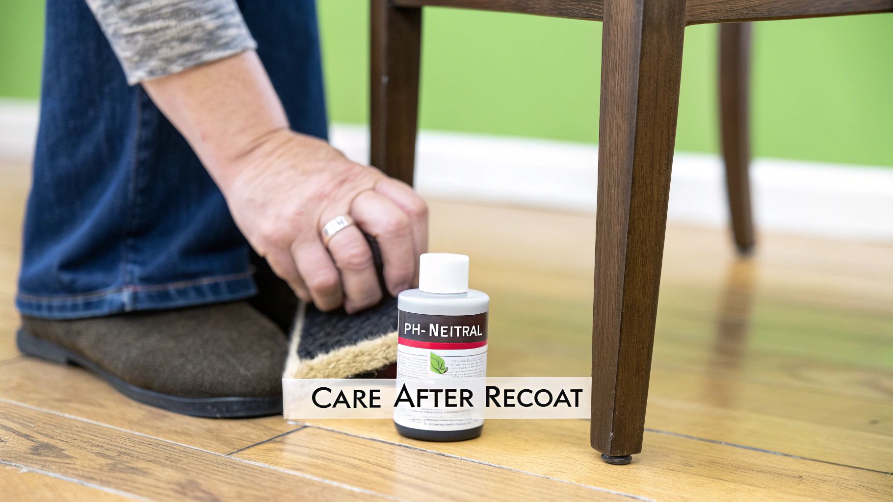 Person cleaning a hardwood floor with PH-NEUTRAL product, demonstrating care after recoat.