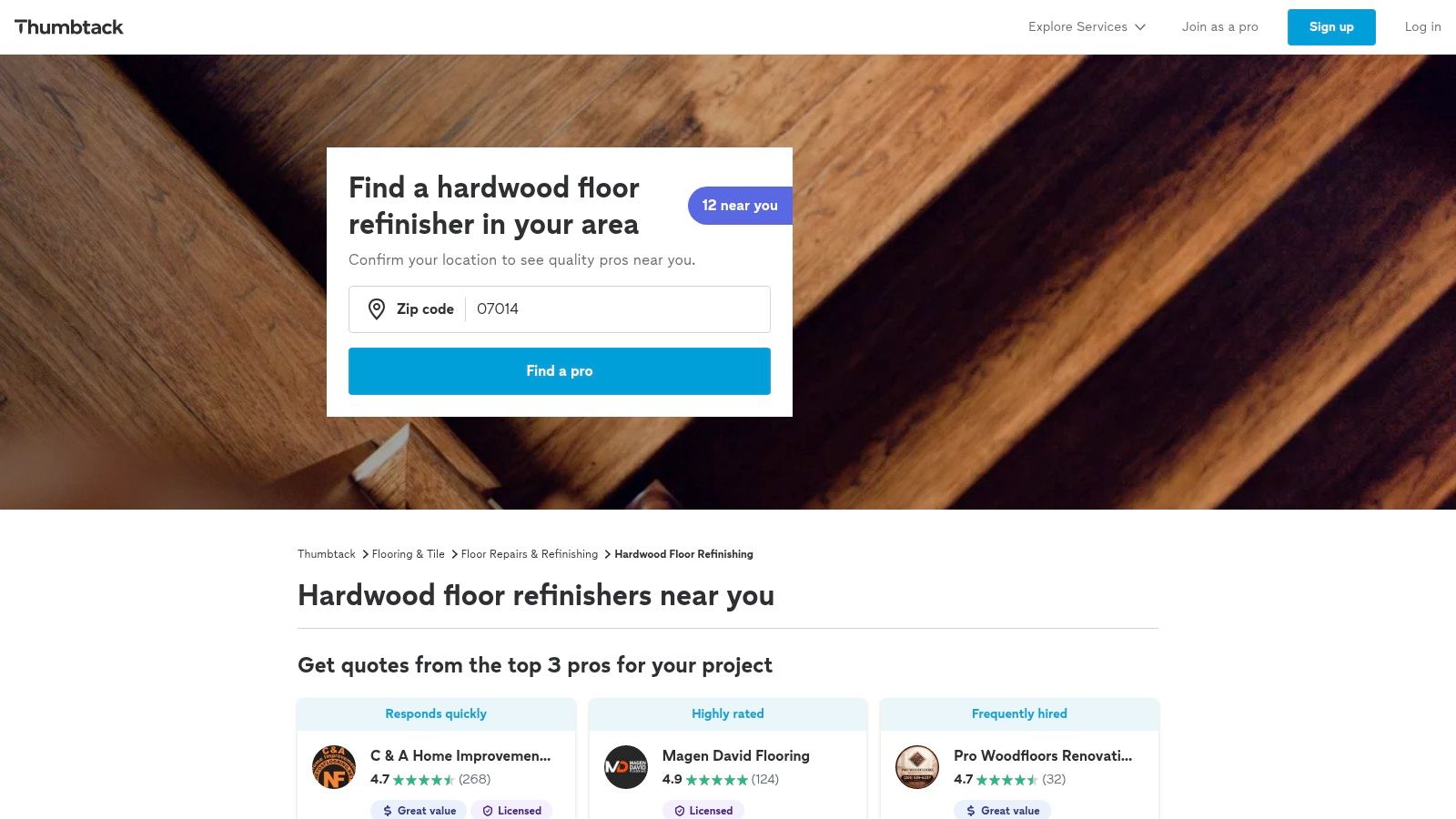 Thumbtack pro search for hardwood flooring refinishing
