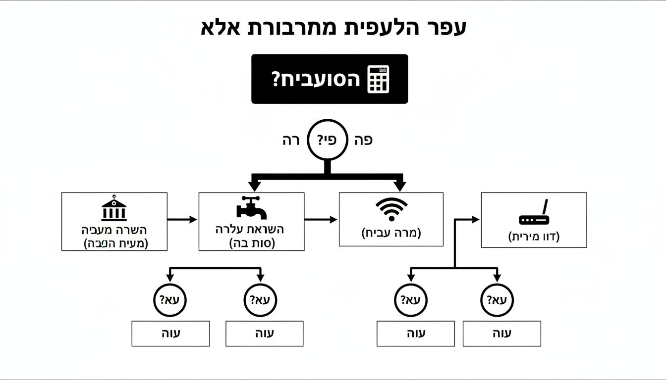 תרשים זרימה מורכב עם טקסט עברי, אייקונים של מחשבון, ברז, Wi-Fi, ונתב, המציג שאלות וקשרים.