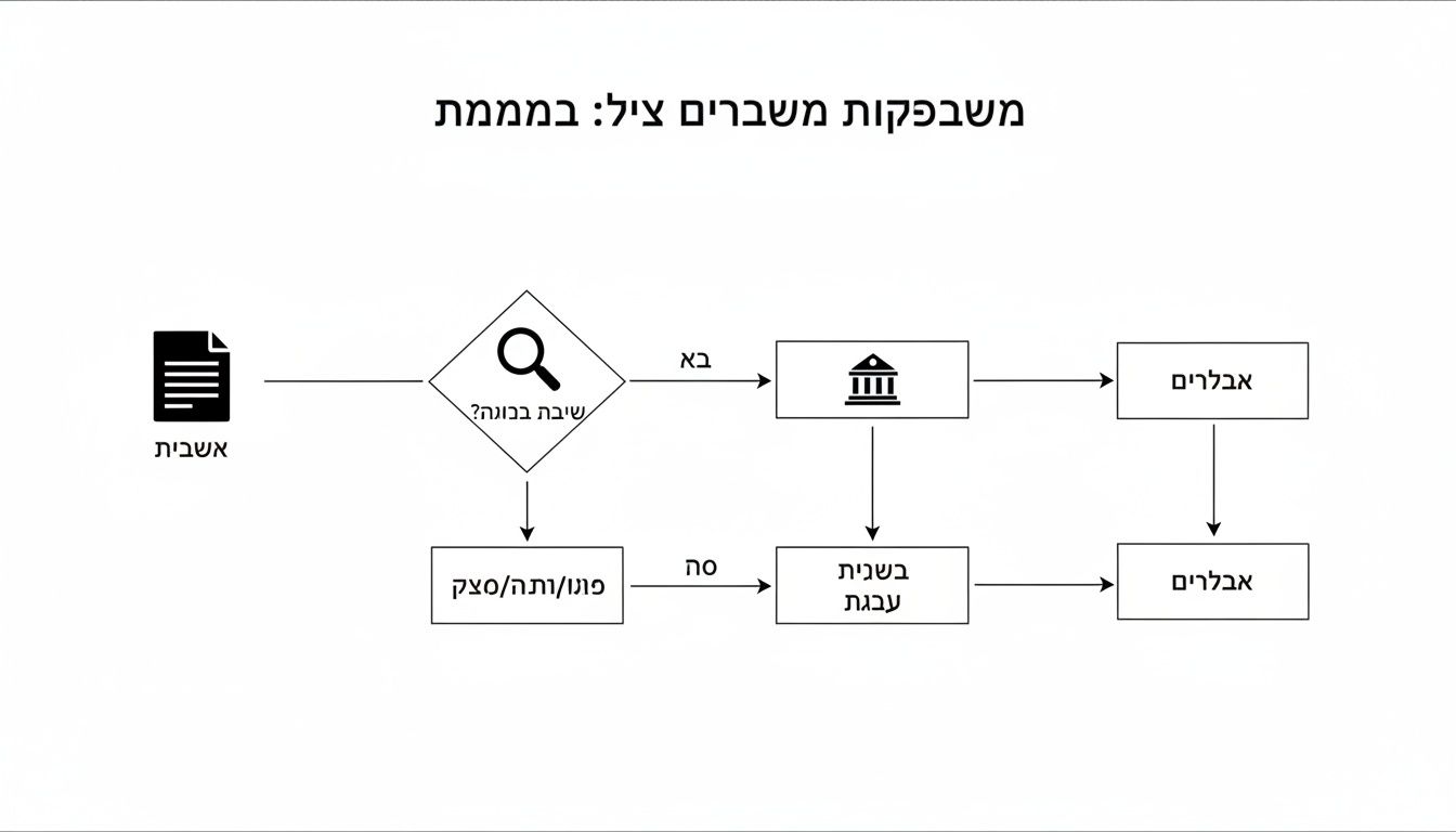 תרשים זרימה המציג תהליך עיבוד מסמכים עם נקודות החלטה ושלבים שונים.