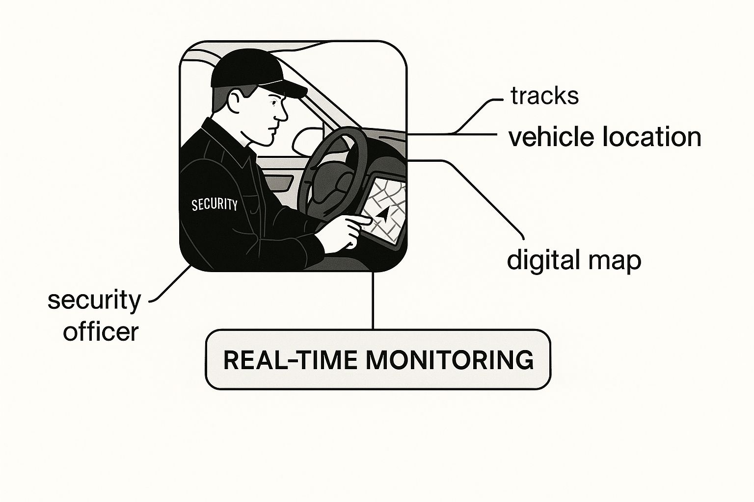 Security officer using digital map for real-time monitoring and vehicle location tracking in mobile patrol security.
