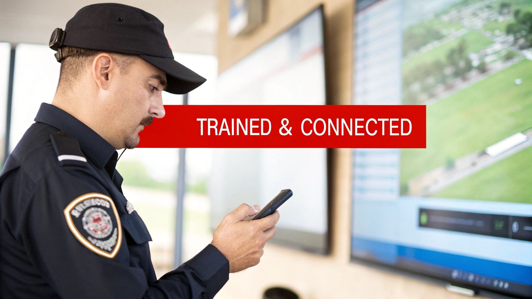 A uniformed security officer with a body camera on his cap uses a smartphone, with 'TRAINED & CONNECTED' text overlay.