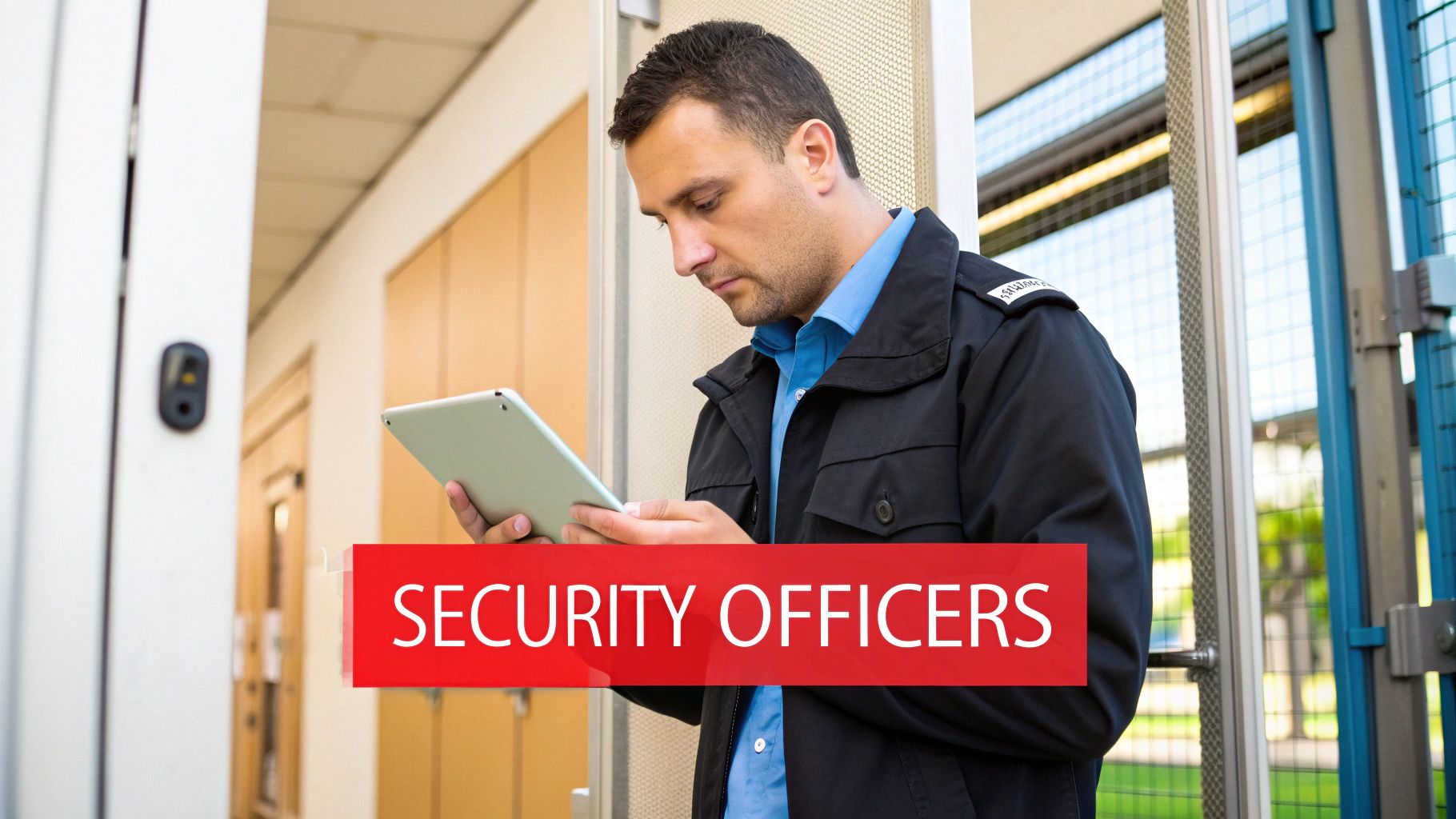 A male security officer in uniform intently uses a tablet device near a secure entrance.