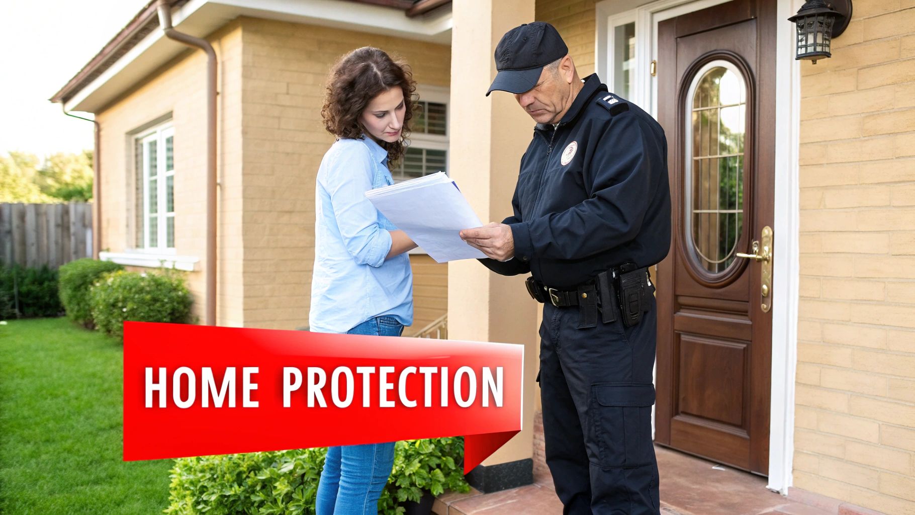 Security guard discussing home protection with a homeowner, emphasizing residential safety and risk assessment.