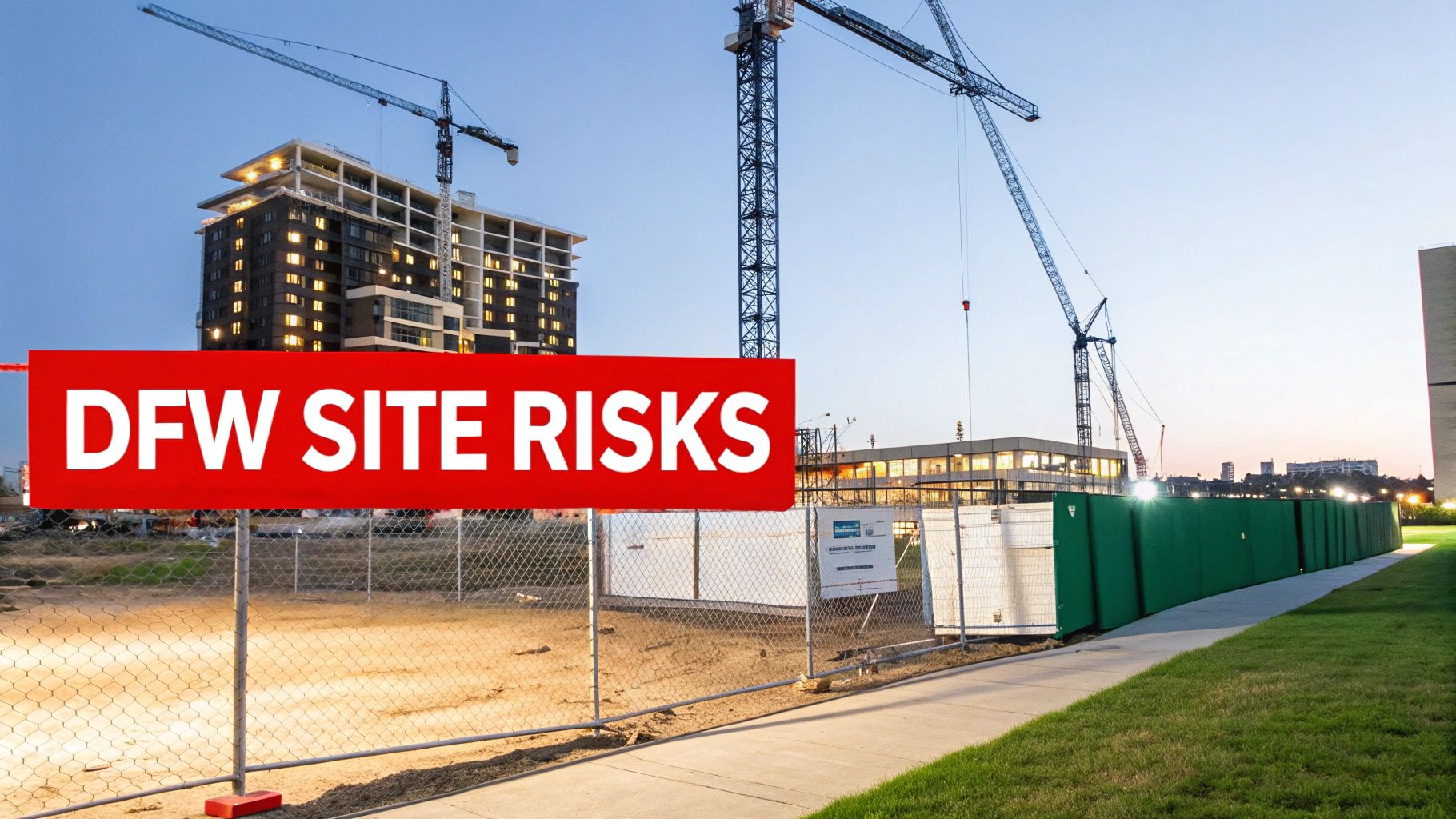 Construction site at dusk with security lighting, illustrating DFW construction security needs.