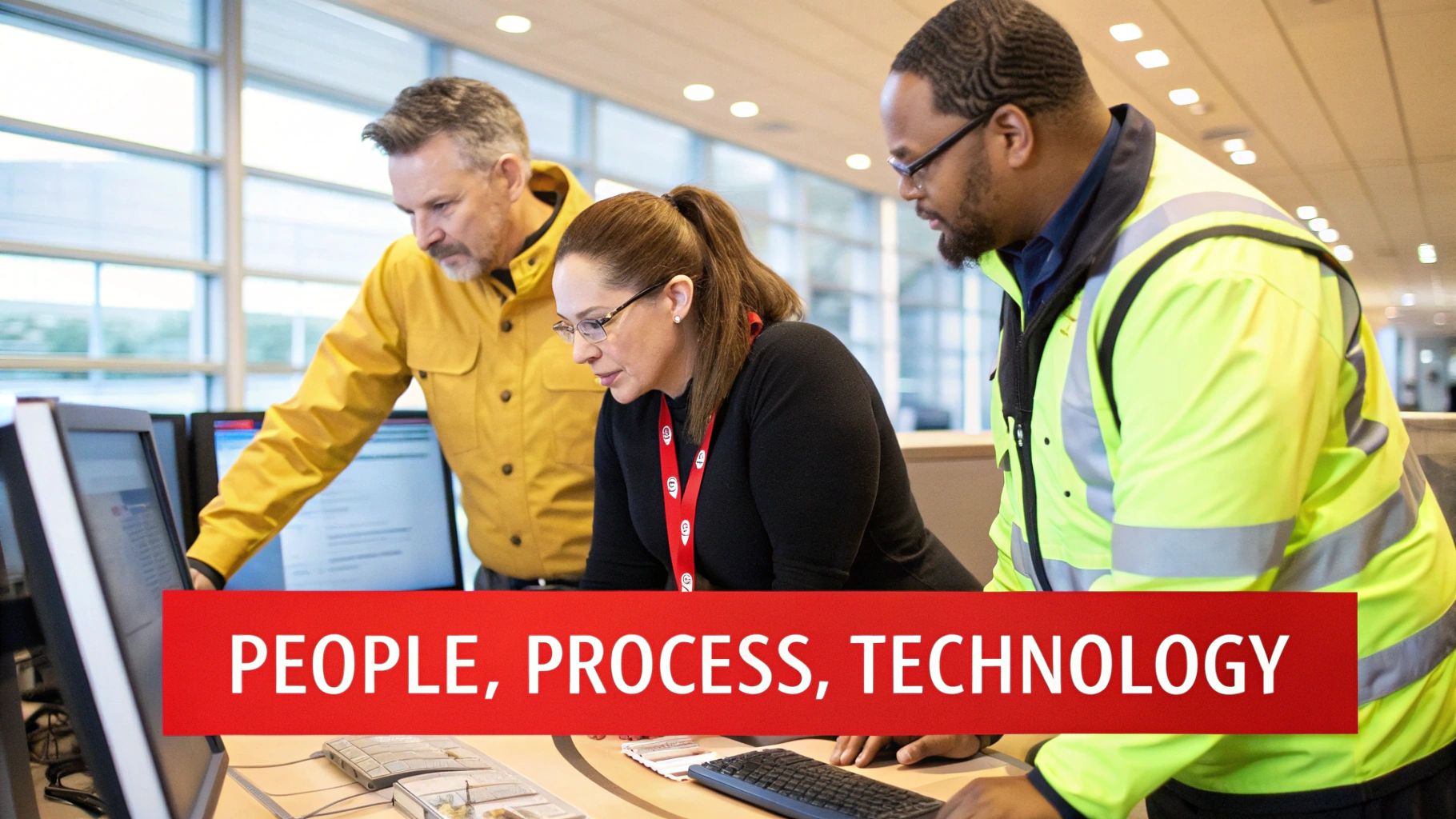 A security professional analyzing data on multiple screens in a command center