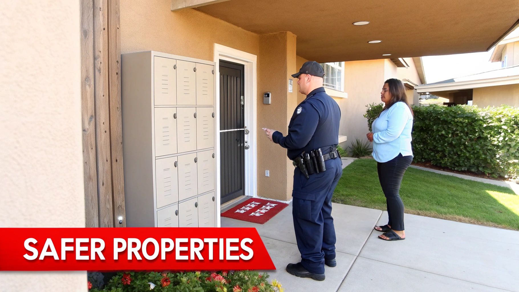 A security officer measures a residential door next to communal mailboxes, observed by a woman.