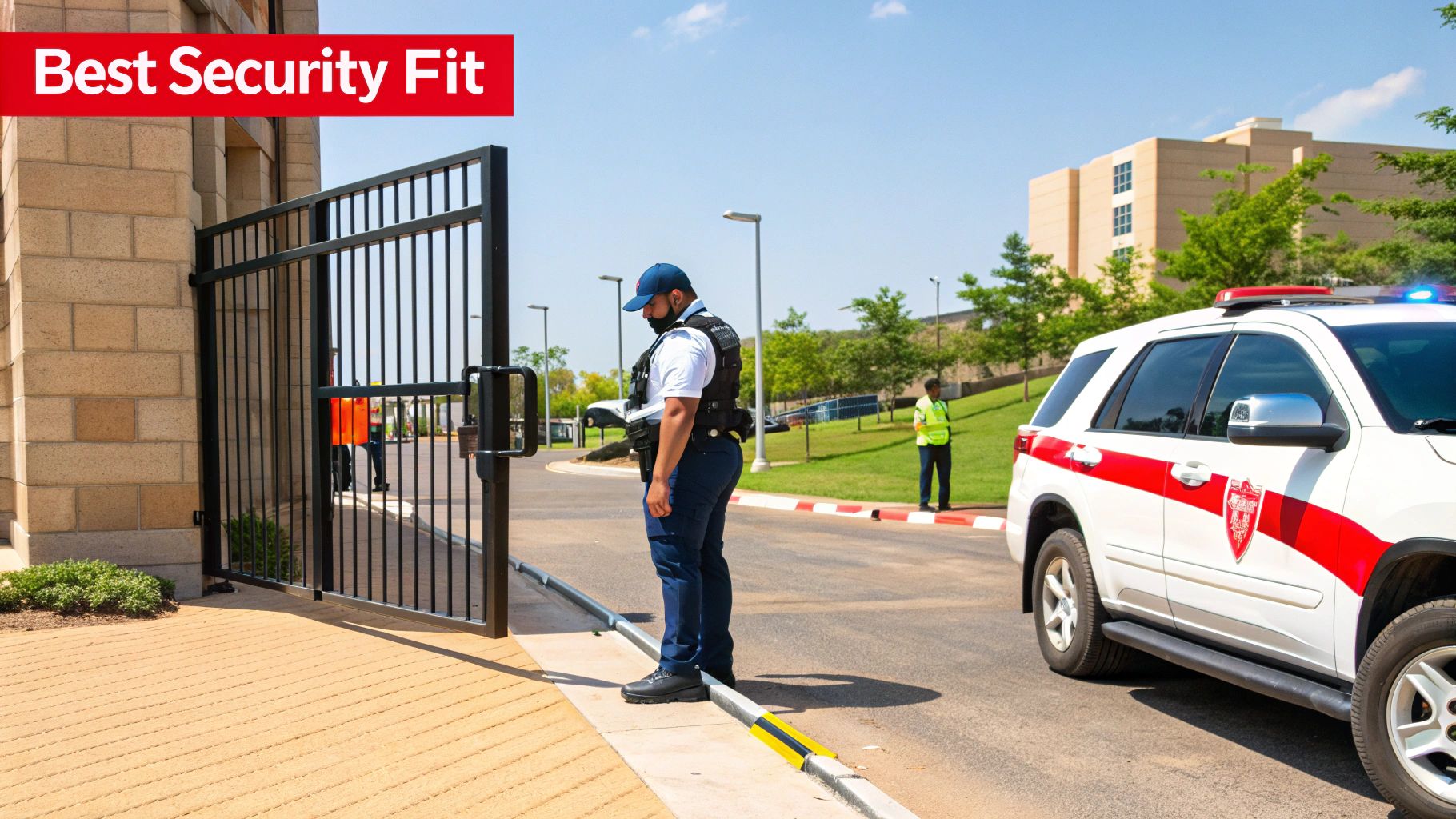 Security officer reviewing a checklist in a well-lit commercial building.