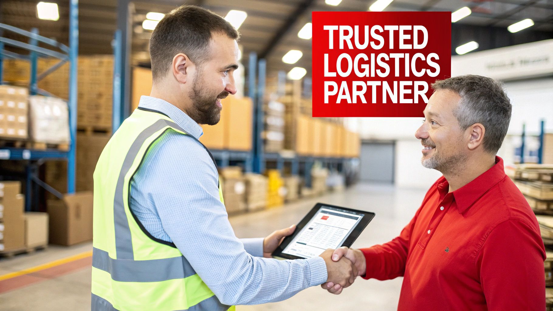 Two logistics professionals discussing inventory in a modern warehouse.