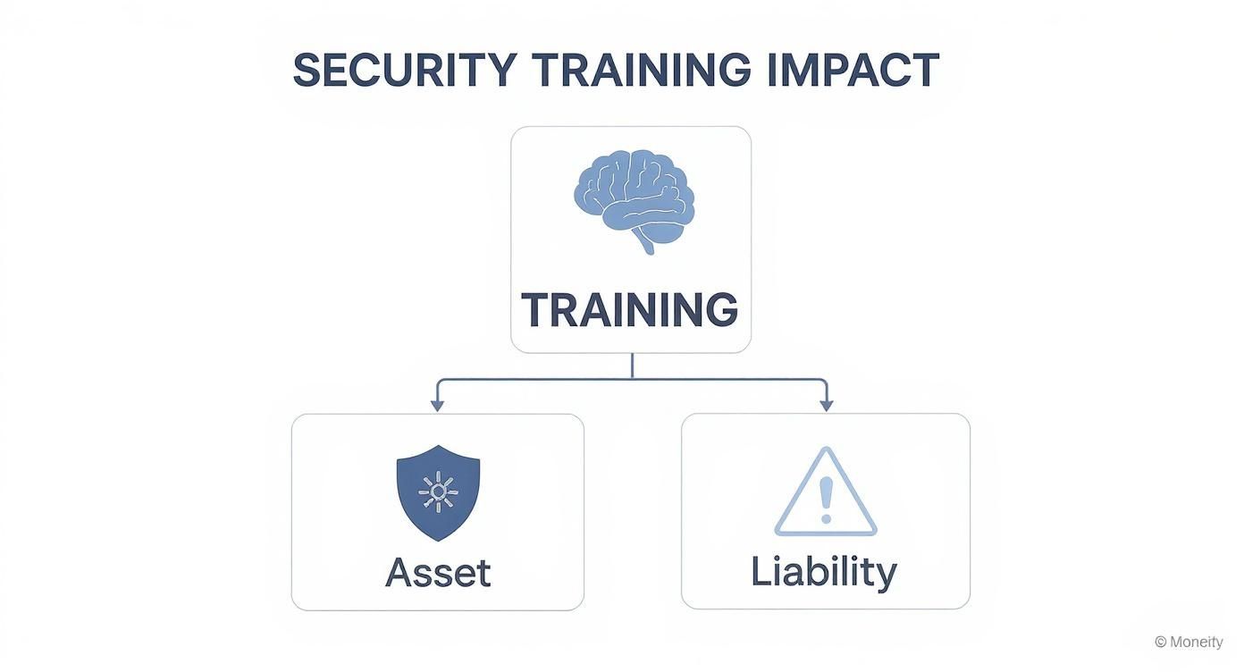 Security training impact diagram illustrating training as a key factor leading to either asset or liability in risk management for security personnel.