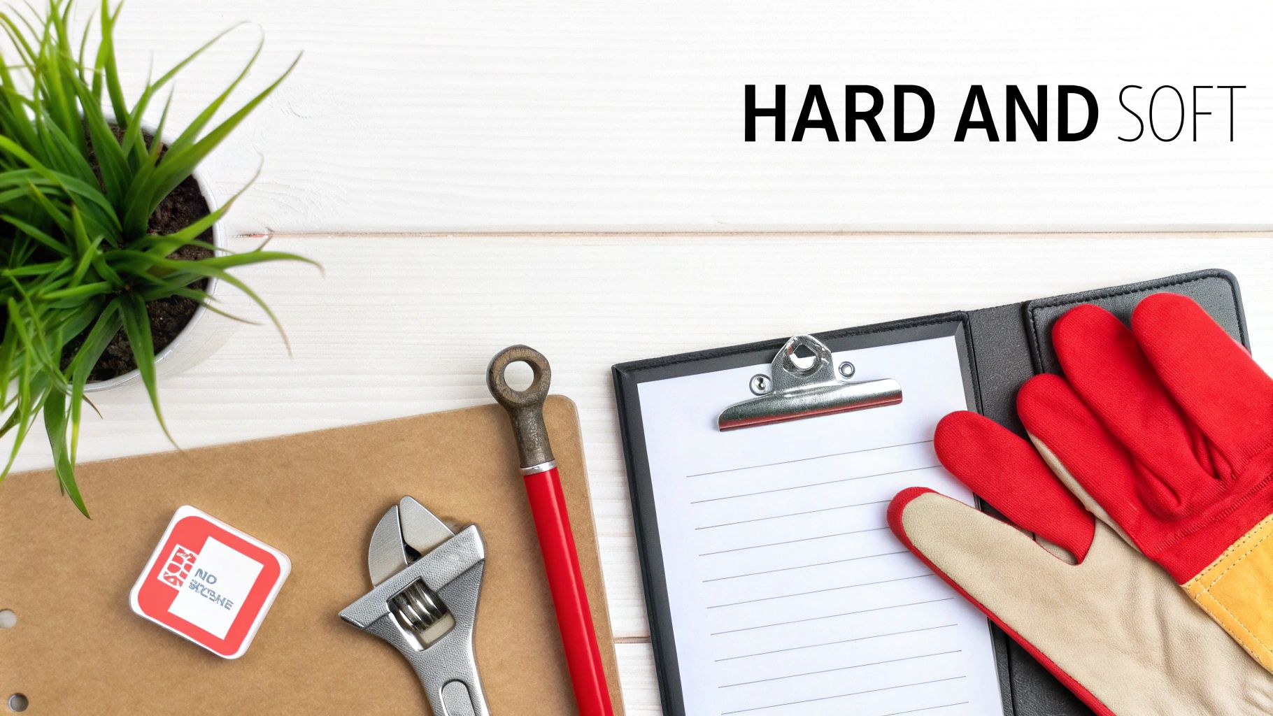 A flat lay of various tools and items on a white wooden desk, contrasting hard wrench and soft gloves.