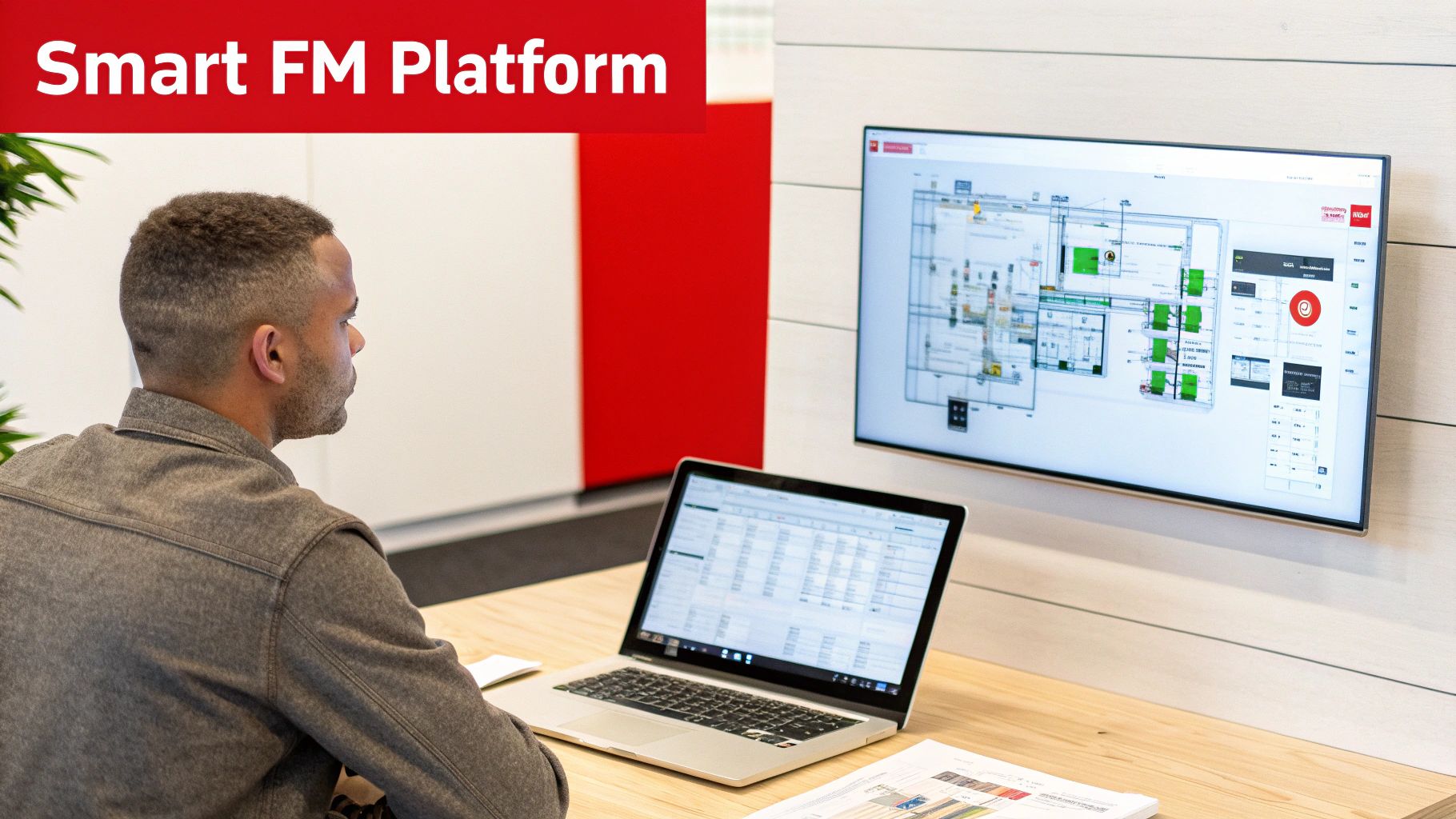 Man observing a smart FM platform on a large screen, displaying a building blueprint with data.