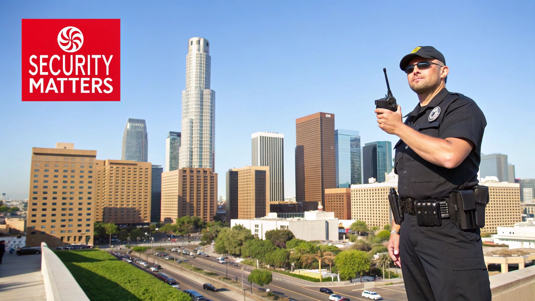 Security guard in uniform with radio, overlooking Los Angeles skyline, emphasizing professional security presence and safety management.