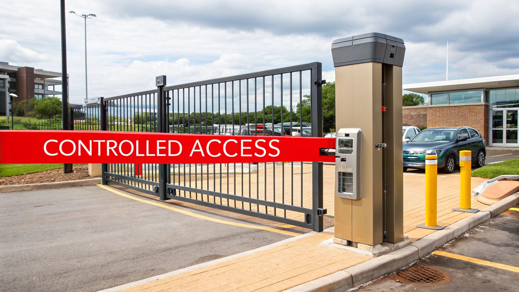 Controlled access gate at a parking lot entrance with a prominent "Controlled Access" sign, emphasizing security measures in urban environments like Sherman Oaks.