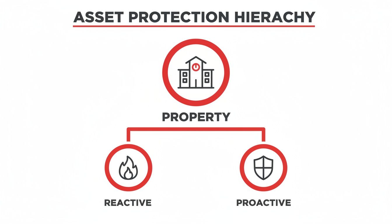 An infographic showing asset protection hierarchy for property, split into reactive and proactive strategies.