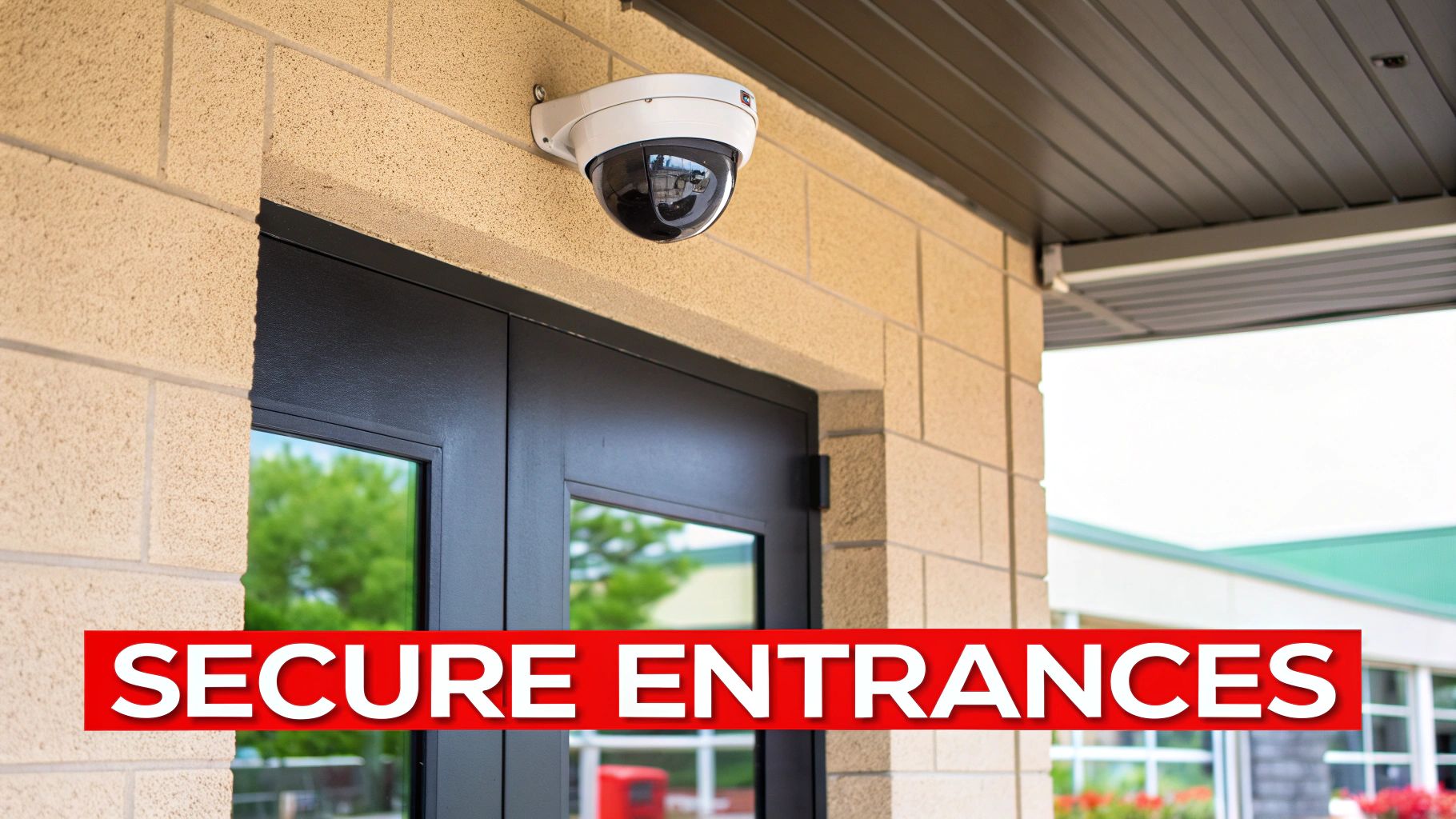 A dome-shaped security camera is mounted above a black door on a building made of light brown blocks, emphasizing secure entrances.