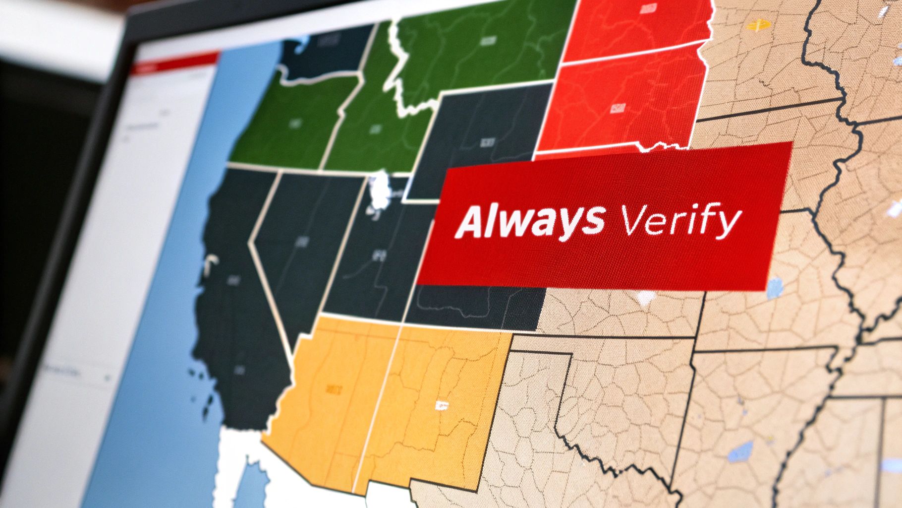 Map displaying U.S. regions with a prominent red banner stating "Always Verify," emphasizing security and access control best practices relevant to Overton Security's focus.