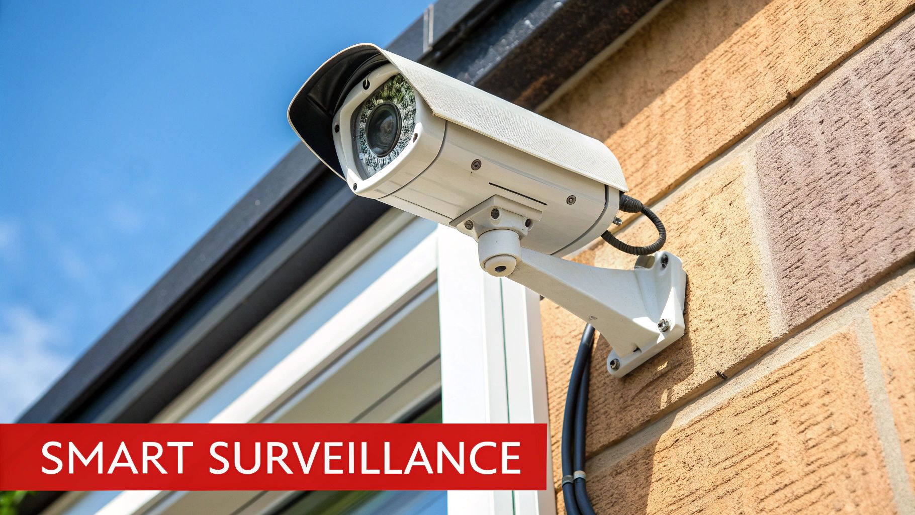 Security camera mounted on a building, labeled "SMART SURVEILLANCE," emphasizing proactive safety measures for homeowners' associations in Irvine.