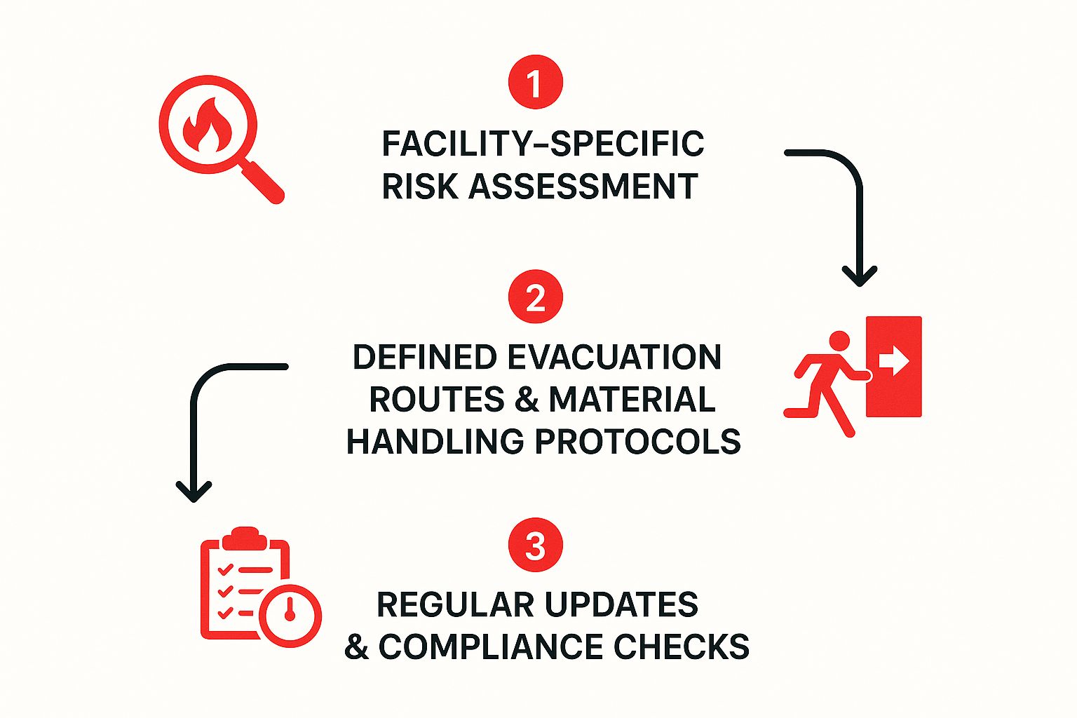 Infographic illustrating steps for a fire prevention plan: facility-specific risk assessment, defined evacuation routes and material handling protocols, regular updates and compliance checks.