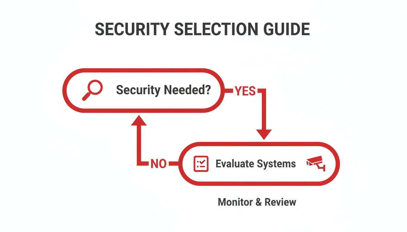 Flowchart outlining a security selection guide, starting with 'Security Needed?' and progressing to 'Evaluate Systems'.
