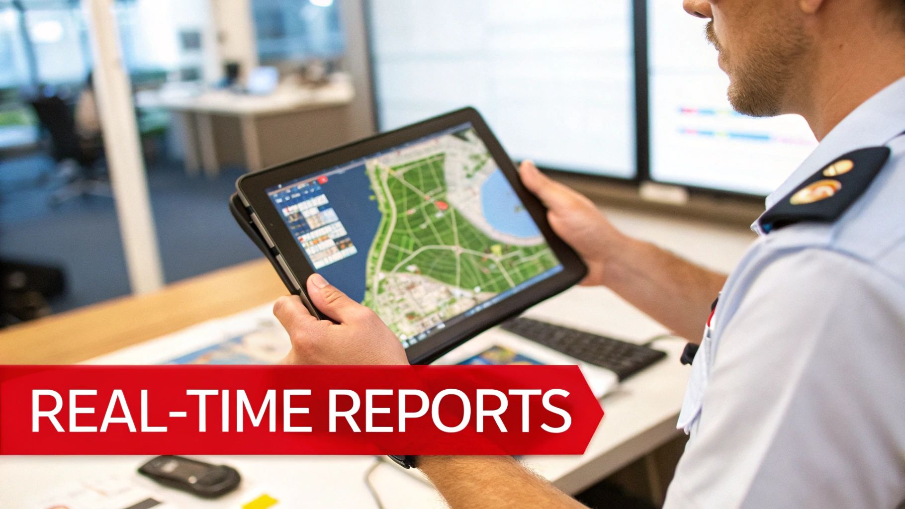 A security officer uses a tablet showing a map with real-time incident reports and data.