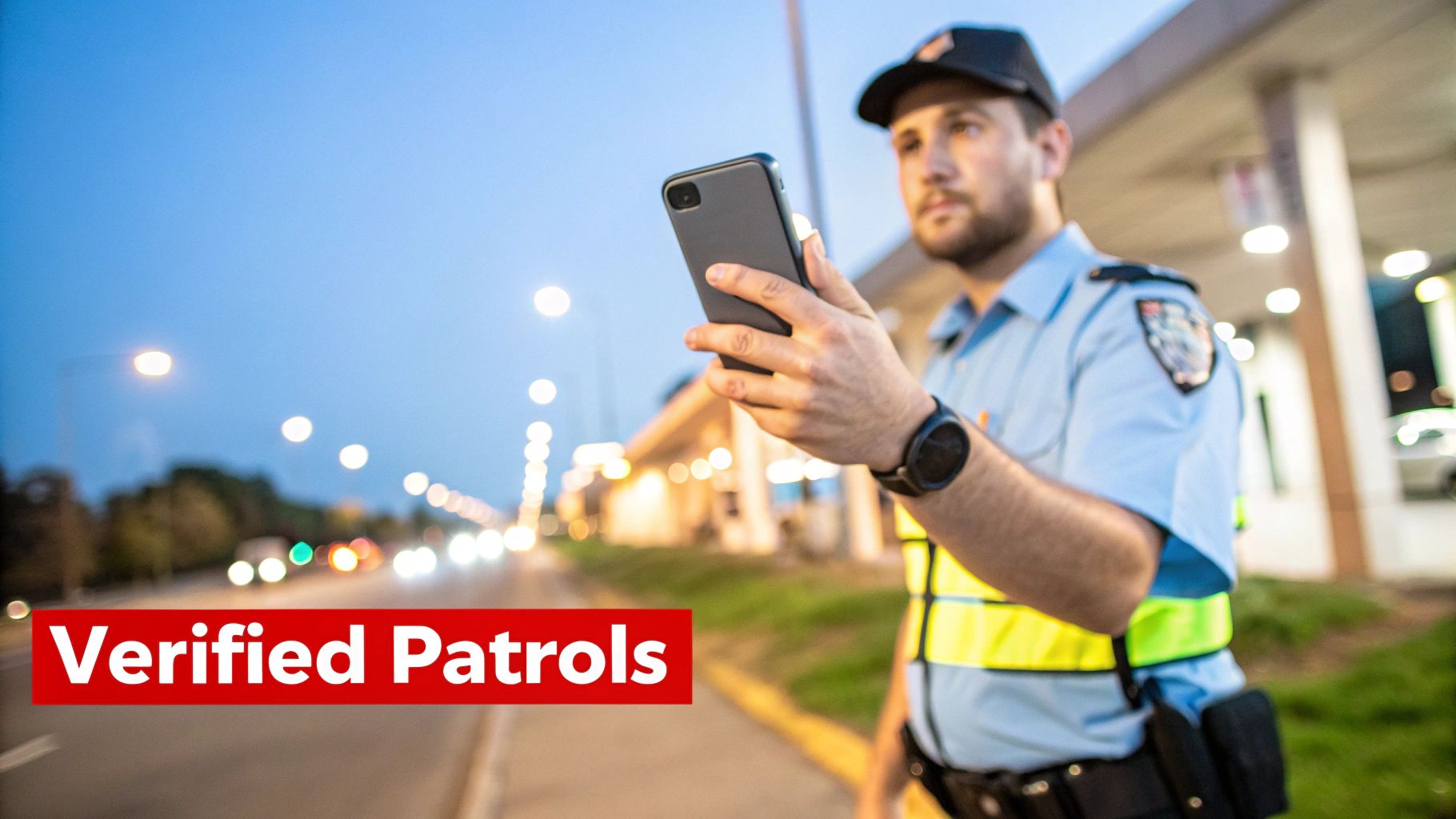 A security officer in uniform and a reflective vest uses a smartphone outdoors at night.