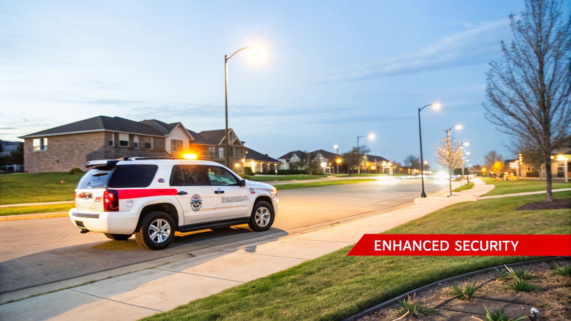 Mobile patrol security vehicle parked on a well-lit residential street, showcasing enhanced security features with a red "Enhanced Security" banner.