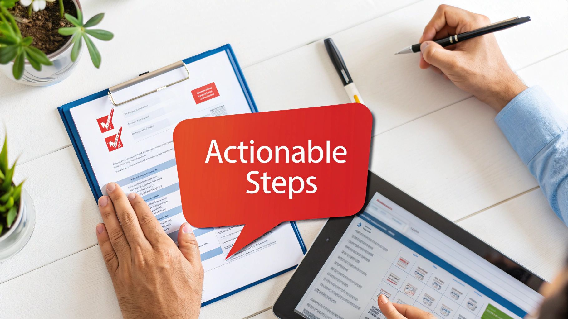 Overhead view of a person reviewing documents and a tablet, with a speech bubble displaying 'Actionable Steps'.