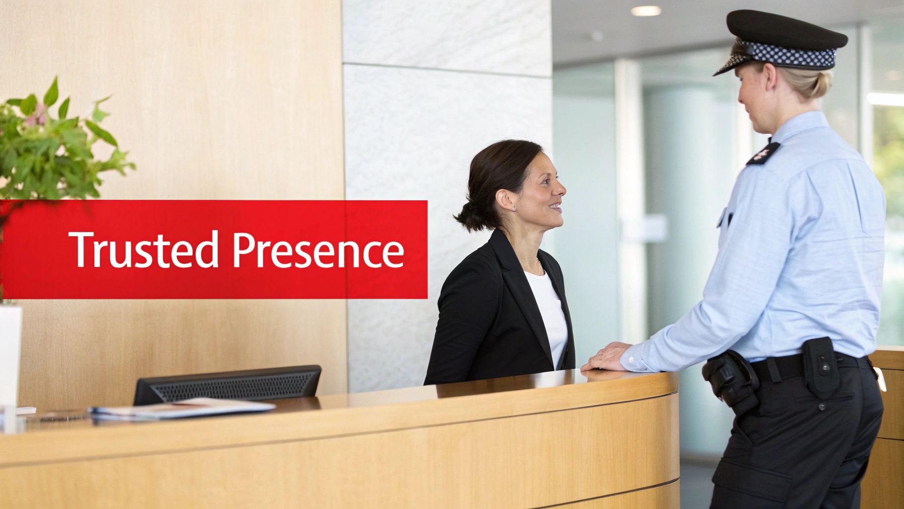 A female police officer speaks with a receptionist at a modern reception desk, highlighting trusted presence.