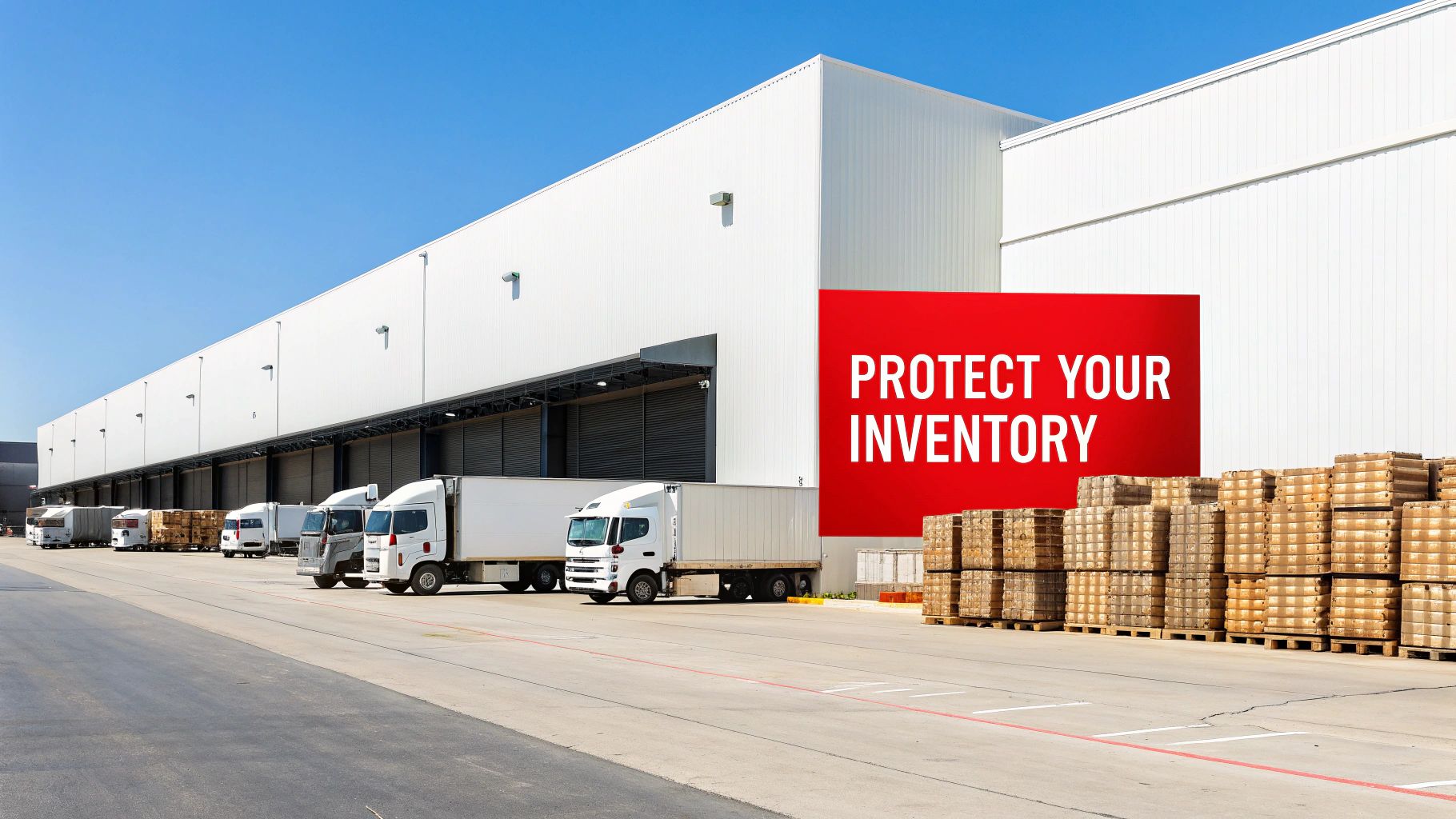 Warehouse interior with stacked boxes, highlighting a logistics and security environment.