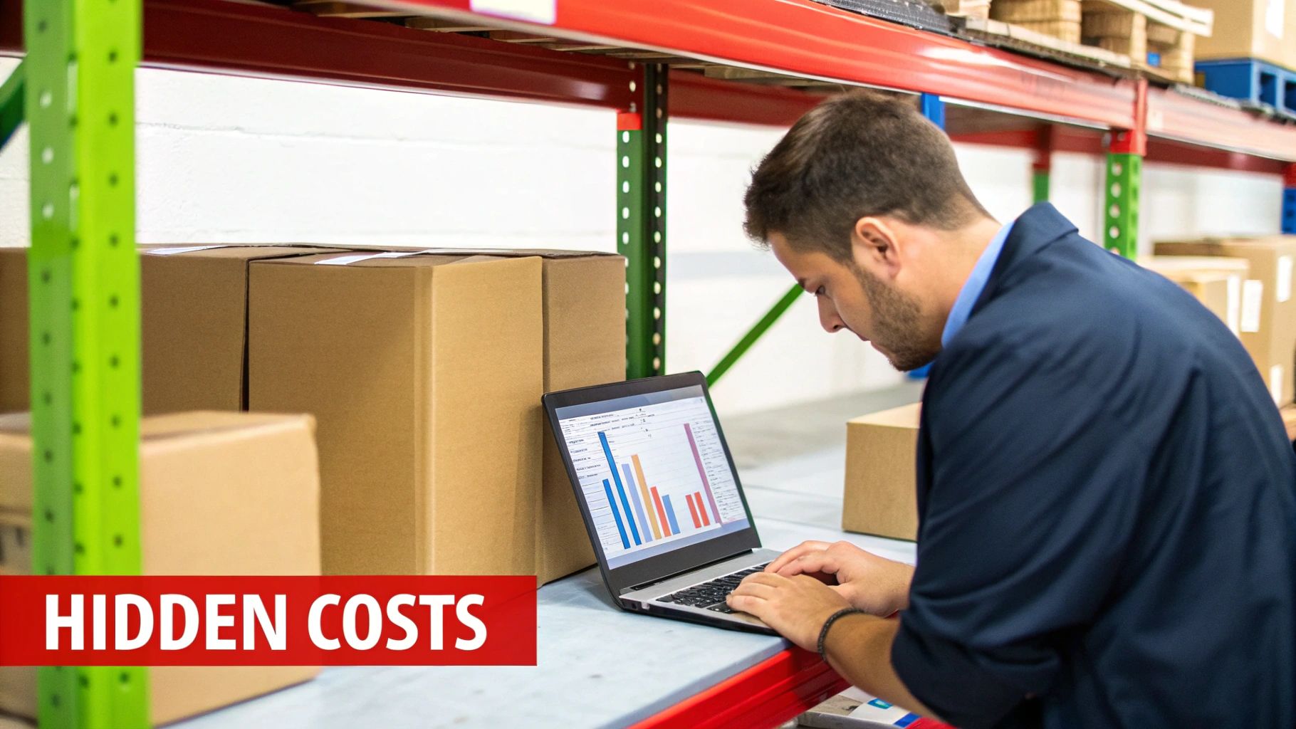 Man analyzing data on laptop in warehouse, surrounded by cardboard boxes, with "HIDDEN COSTS" text overlay emphasizing the importance of addressing shrinkage in business operations.
