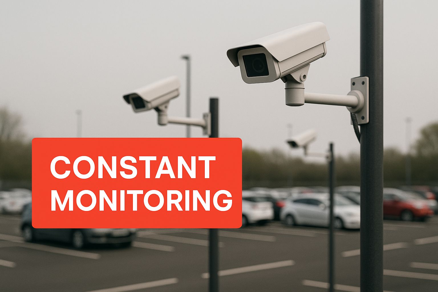 CCTV cameras in a parking lot with a bold sign reading "CONSTANT MONITORING," emphasizing proactive security measures for enhanced safety.