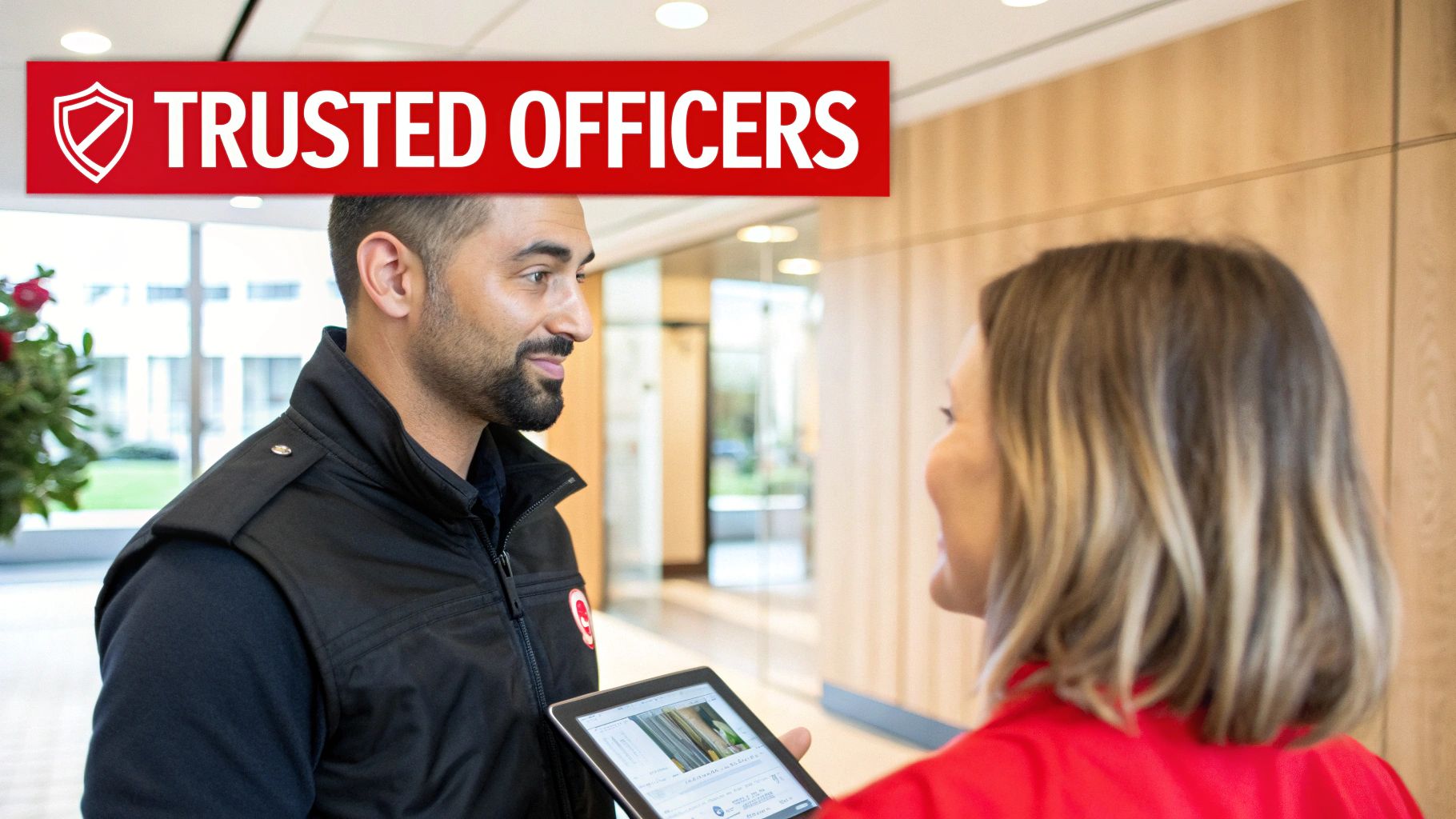 A male security professional and a female client interacting, looking at data on a tablet in a modern lobby.