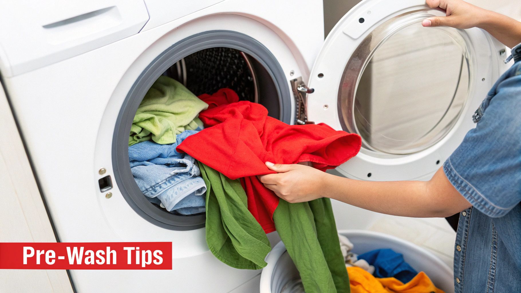 Person sorting colorful laundry, including red, green, and blue garments, from a washing machine, with "Pre-Wash Tips" prominently displayed on a red banner.